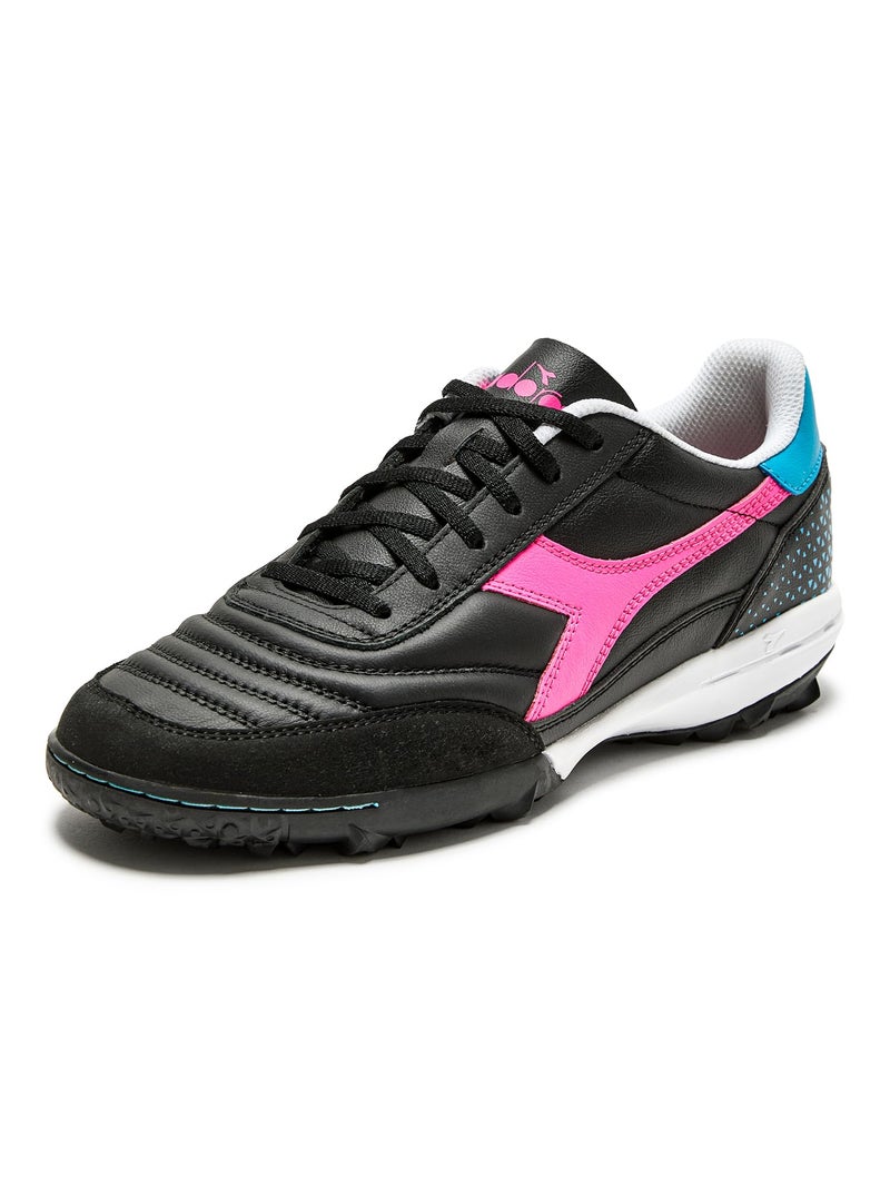 Diadora Calcetto LT Turf Soccer Shoes - Full Grain Leather, Enhanced Cushioning, Anti-Wear Rubber, Synthetic Turf, Optimal Traction and Stability, Black/Pink/Cyan Blue, 6 UK - Image 2