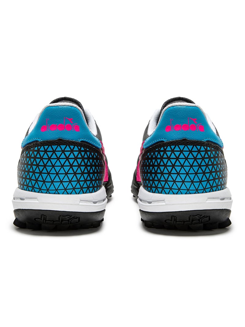Diadora Calcetto LT Turf Soccer Shoes - Full Grain Leather, Enhanced Cushioning, Anti-Wear Rubber, Synthetic Turf, Optimal Traction and Stability, Black/Pink/Cyan Blue, 6 UK - Image 3