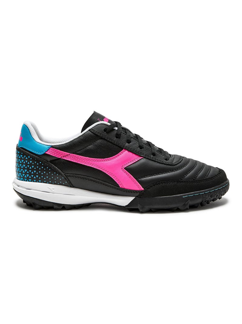 Diadora Calcetto LT Turf Soccer Shoes - Full Grain Leather, Enhanced Cushioning, Anti-Wear Rubber, Synthetic Turf, Optimal Traction and Stability, Black/Pink/Cyan Blue, 6 UK - Image 1