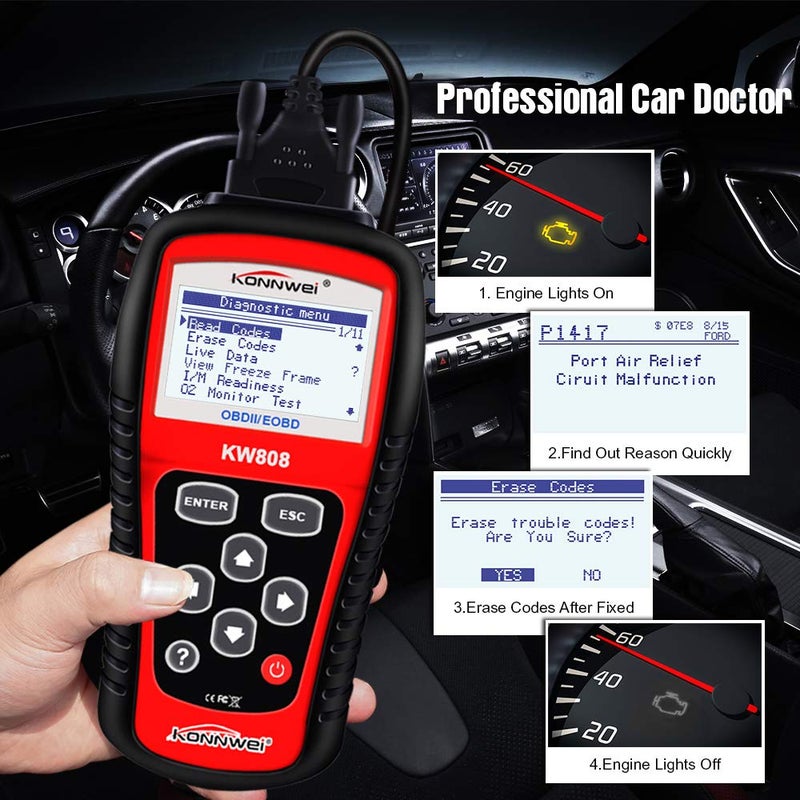 KONNWEI KW808 Auto OBDII Code Reader 2.8"Large Screen OBD2 Scanner with Full Diagnostic Scan Tool Functions Check Car Engine Light Fault Code Analyzer for All 1996 and Newer Cars with OBD II Protocol - Image 3