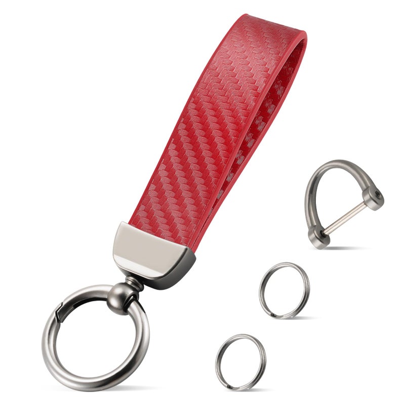 JUSTTOP Leather Keychain, Carbon Fiber Car Key Chain with Anti-Lost D-Ring and 2 Key Ring, Keychain Wristlet, Car Accessories, Universal Keychain for Men and Women (Red) - Image 1