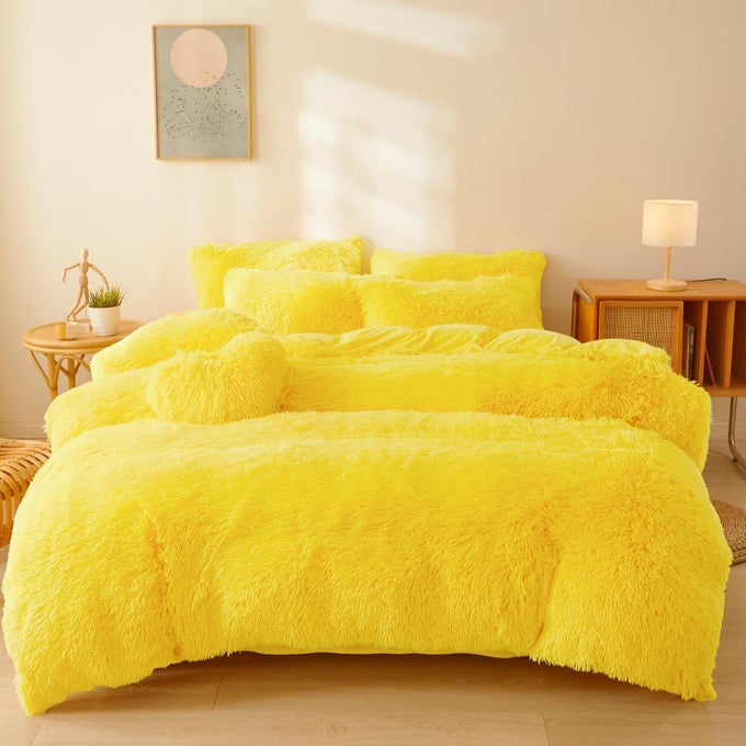 YELLOW PLUSH FLUFFY COMFORTER COVER SET QUEEN ULTRA SOFT FAUX FUR BEDDING SETS 3 PIECES 1 SHAGGY DUVET COVER 2 PILLOW CASE FUZZY BED SET YELLOW QUEEN