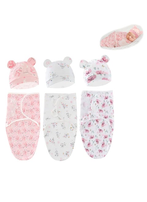 3 PCS Baby Swaddle Wrap, Newborn Swaddle Blanket Wrap with Hat Set, 0-3 Months 100% Breathable Cotton Swaddlers Sleep Sack with Adjustable Wings