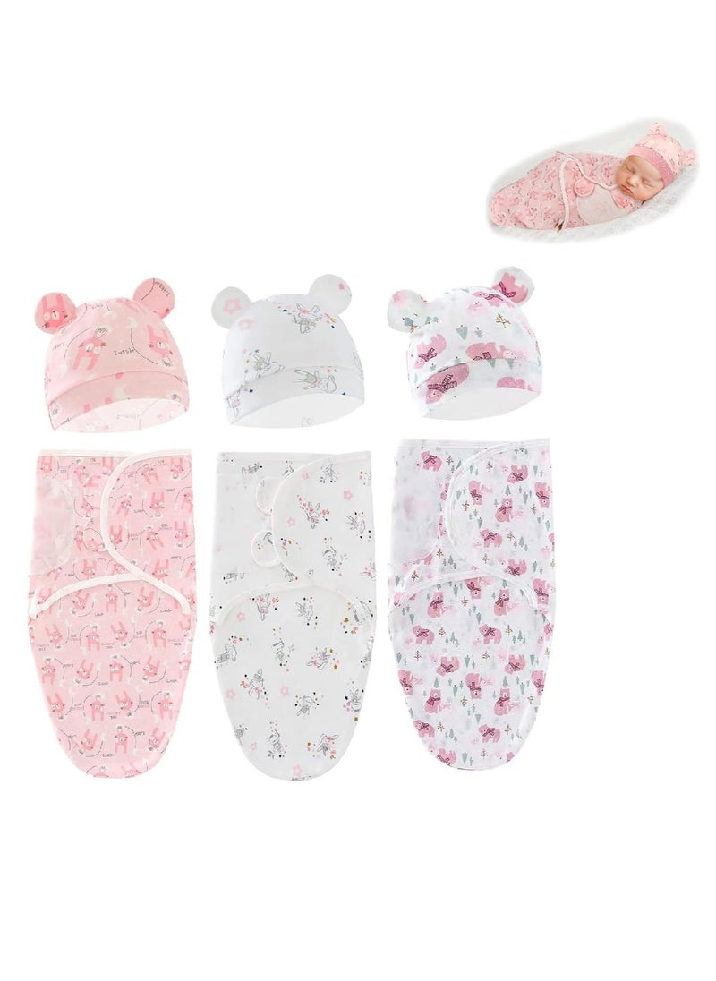 3 PCS Baby Swaddle Wrap, Newborn Swaddle Blanket Wrap with Hat Set, 0-3 Months 100% Breathable Cotton Swaddlers Sleep Sack with Adjustable Wings