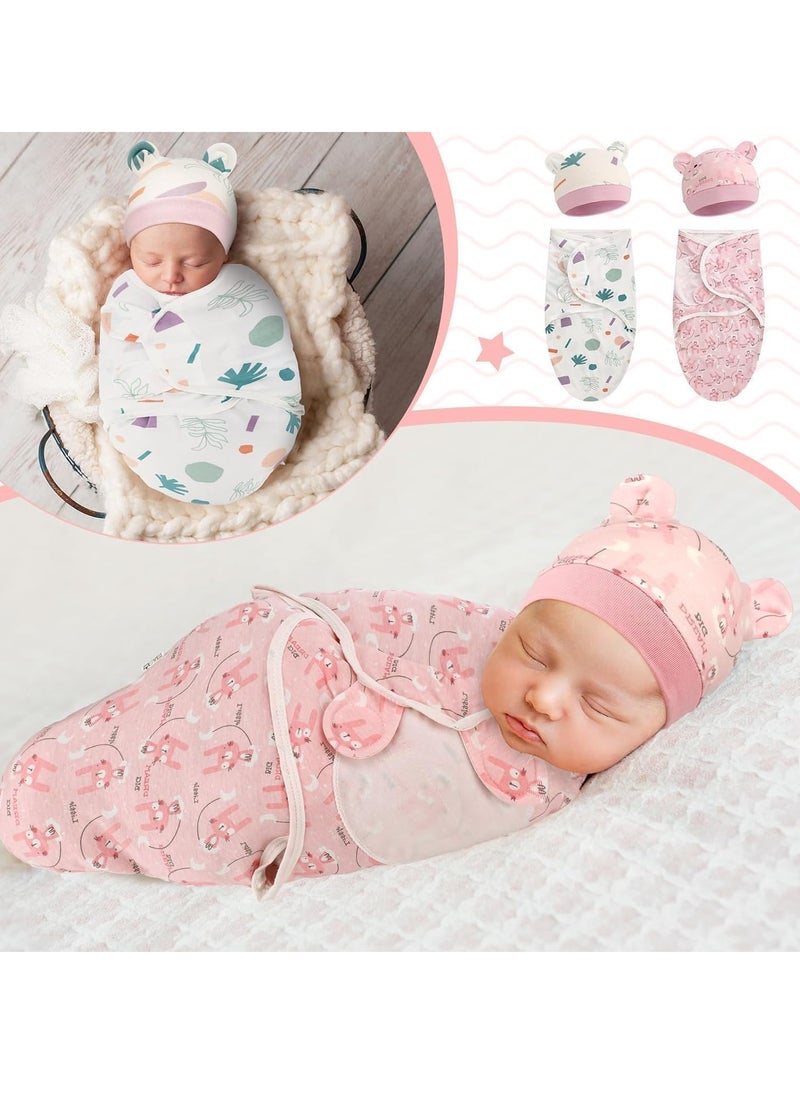 3 PCS Baby Swaddle Wrap, Newborn Swaddle Blanket Wrap with Hat Set, 0-3 Months 100% Breathable Cotton Swaddlers Sleep Sack with Adjustable Wings
