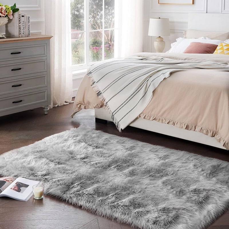 Ciicool Faux Fur Rug Grey Fluffy Area Rugs for Bedroom, Thick Fuzzy Shag Rug Furry Bedside Nursery Rug for Living Room Plush Indoor Floor Carpet for Kids Room Teen Dorm, 3x5 ft - Image 1