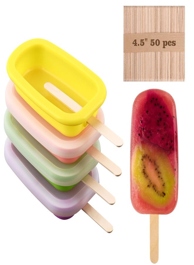 Sakolla 4 Pcs Silicone Popsicle Molds with Lid & 50 Pcs Wooden Popsicle Sticks, Stackable Classic Oval Ice Cream Molds for Homemade Ice Pop, Cakesicles, Freezer Yogurt and Fruit Juice (Multicolor) - Image 1