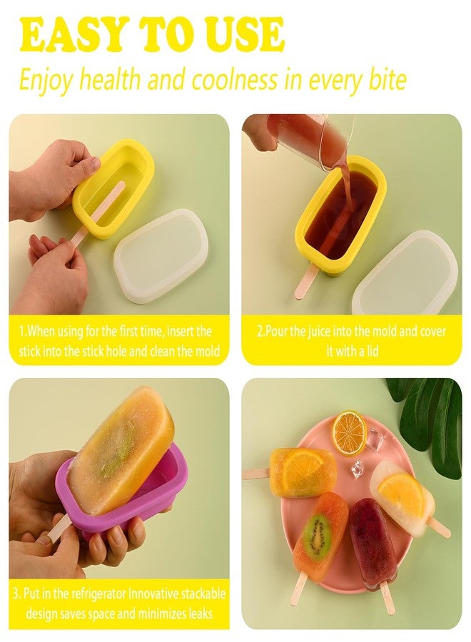 Sakolla 4 Pcs Silicone Popsicle Molds with Lid & 50 Pcs Wooden Popsicle Sticks, Stackable Classic Oval Ice Cream Molds for Homemade Ice Pop, Cakesicles, Freezer Yogurt and Fruit Juice (Multicolor) - Image 5