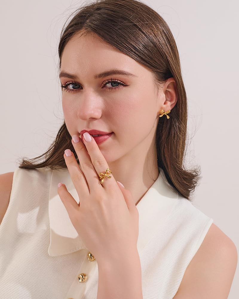 FAUTHENTICUTE Gold Bow Rings For Women Adjustable Open Gold Band Ring With Bowknot Cute Statement Rings Fashion Bow Jewelry - Image 3