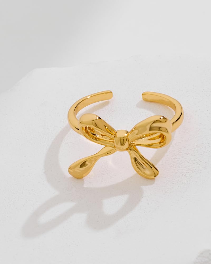 FAUTHENTICUTE Gold Bow Rings For Women Adjustable Open Gold Band Ring With Bowknot Cute Statement Rings Fashion Bow Jewelry - Image 5