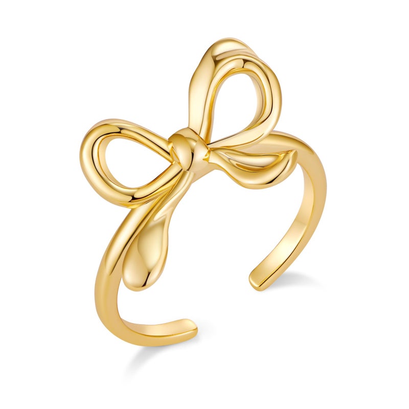 FAUTHENTICUTE Gold Bow Rings For Women Adjustable Open Gold Band Ring With Bowknot Cute Statement Rings Fashion Bow Jewelry - Image 1