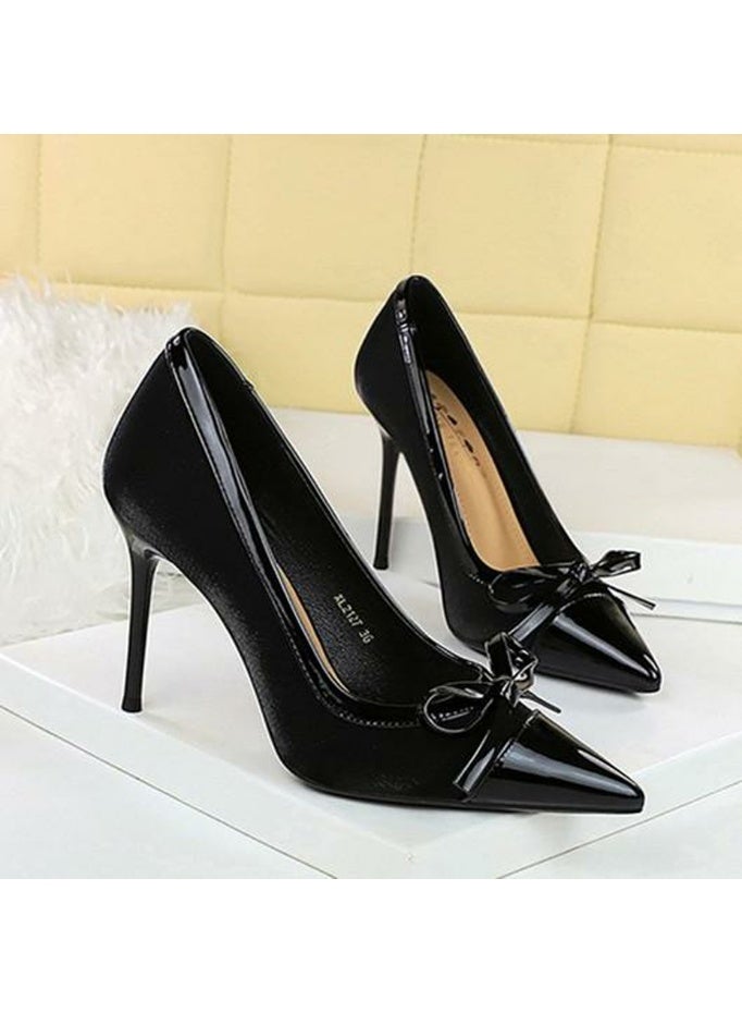 BIGTREE Women's Stiletto Pumps Closed Pointed Toe High Heels With Bowknot Decoration Black 10.5CM - Image 2