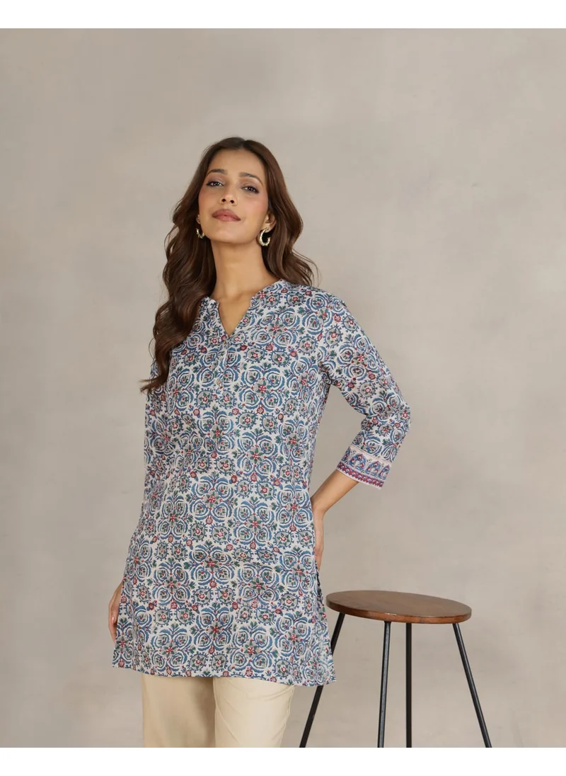 Fabindia Blue Cotton Hand Block Printed Slim Fit Short Kurta