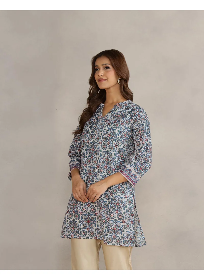 Fabindia Blue Cotton Hand Block Printed Slim Fit Short Kurta