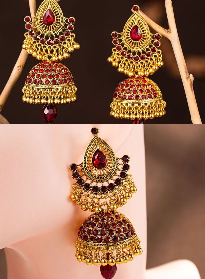 Indian Ethnic Jhumka Earrings for Women, Gold Plated Red Teardrop Stone Jhumki Bell Earrings, Traditional Wedding Festival Bridal Ethnic Jewelry with Red Crystal Inlay - Image 1
