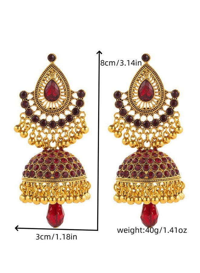 Indian Ethnic Jhumka Earrings for Women, Gold Plated Red Teardrop Stone Jhumki Bell Earrings, Traditional Wedding Festival Bridal Ethnic Jewelry with Red Crystal Inlay - Image 5