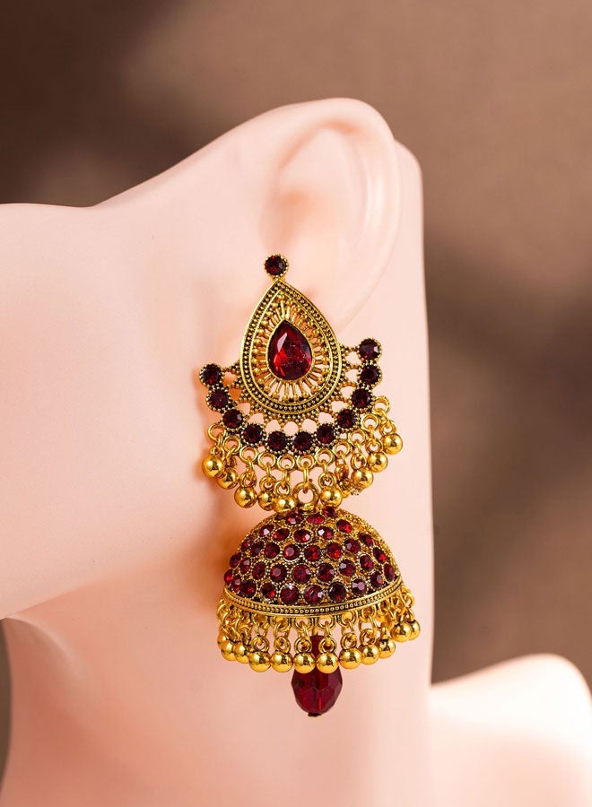 Indian Ethnic Jhumka Earrings for Women, Gold Plated Red Teardrop Stone Jhumki Bell Earrings, Traditional Wedding Festival Bridal Ethnic Jewelry with Red Crystal Inlay - Image 3
