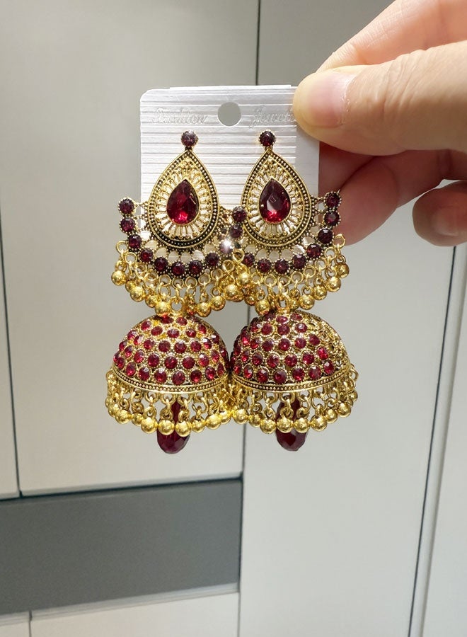 Indian Ethnic Jhumka Earrings for Women, Gold Plated Red Teardrop Stone Jhumki Bell Earrings, Traditional Wedding Festival Bridal Ethnic Jewelry with Red Crystal Inlay - Image 4