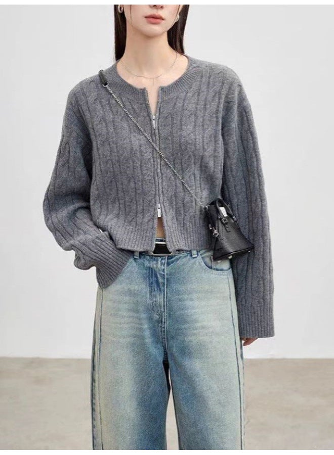Leyuan Solid Color Short Cable Knit Sweater Women Autumn Winter New Coat Double Zipper Round Neck Knitted Cardigan Top - Image 3