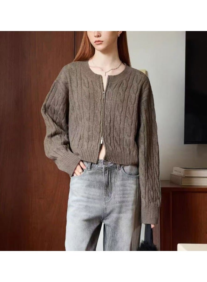 Leyuan Solid Color Short Cable Knit Sweater Women Autumn Winter New Coat Double Zipper Round Neck Knitted Cardigan Top - Image 1