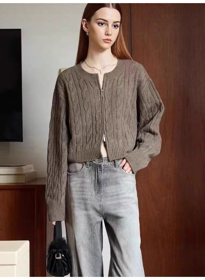 Leyuan Solid Color Short Cable Knit Sweater Women Autumn Winter New Coat Double Zipper Round Neck Knitted Cardigan Top - Image 2