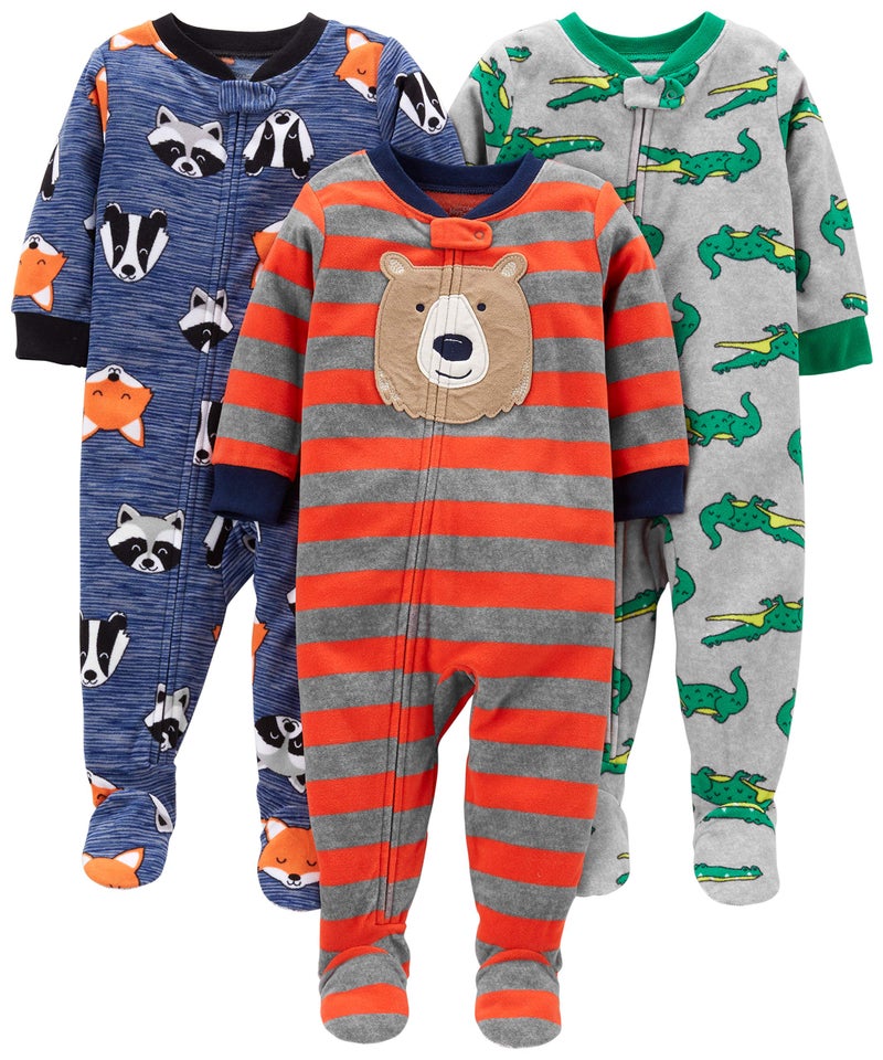 Simple Joys by Carter's Baby Boys' 3-Pack Loose Fit Flame Resistant Fleece Footed Pajamas, Blue Fox/Grey Crocodile/Orange Bear, 3T