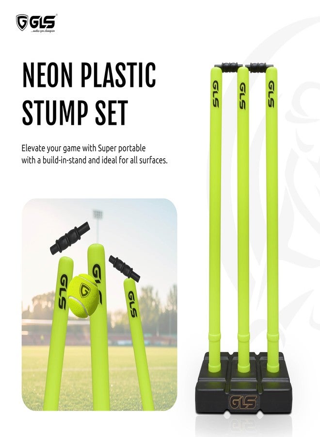 GLS Cricket Stumps with Stand Cricket Kit Plastic Wickets for Cricket Ground, Match, Tournament Stump with Stand & Bails- Neon -Plastic Wickets Set - Image 2