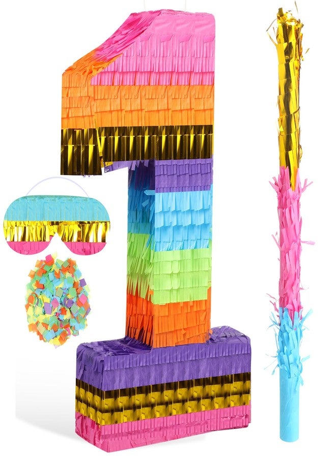 Harrycle Rainbow Number Pinata for Girls Boys Birthday Foil Number Pinata with Blindfold Stick Confetti for Kids Birthday Anniversary Tie Dye Groovy Party Supplies Decorations Favors (Number 1) - Image 1