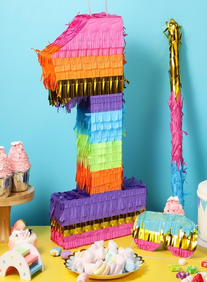 Harrycle Rainbow Number Pinata for Girls Boys Birthday Foil Number Pinata with Blindfold Stick Confetti for Kids Birthday Anniversary Tie Dye Groovy Party Supplies Decorations Favors (Number 1) - Image 3