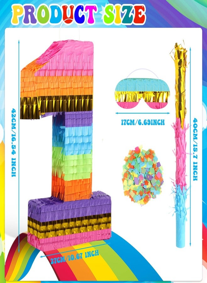 Harrycle Rainbow Number Pinata for Girls Boys Birthday Foil Number Pinata with Blindfold Stick Confetti for Kids Birthday Anniversary Tie Dye Groovy Party Supplies Decorations Favors (Number 1) - Image 2