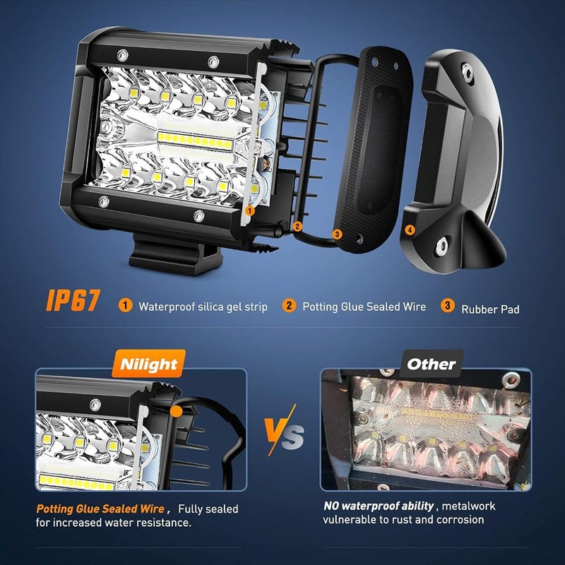 Nilight LED Light Bar 2PCS 60W 4 Inch Flood Spot Combo LED Work Light Pods Triple Row Work Driving Lamp with 12 ft Wiring Harness kit - 2 Leads,2 Year Warranty - Image 4