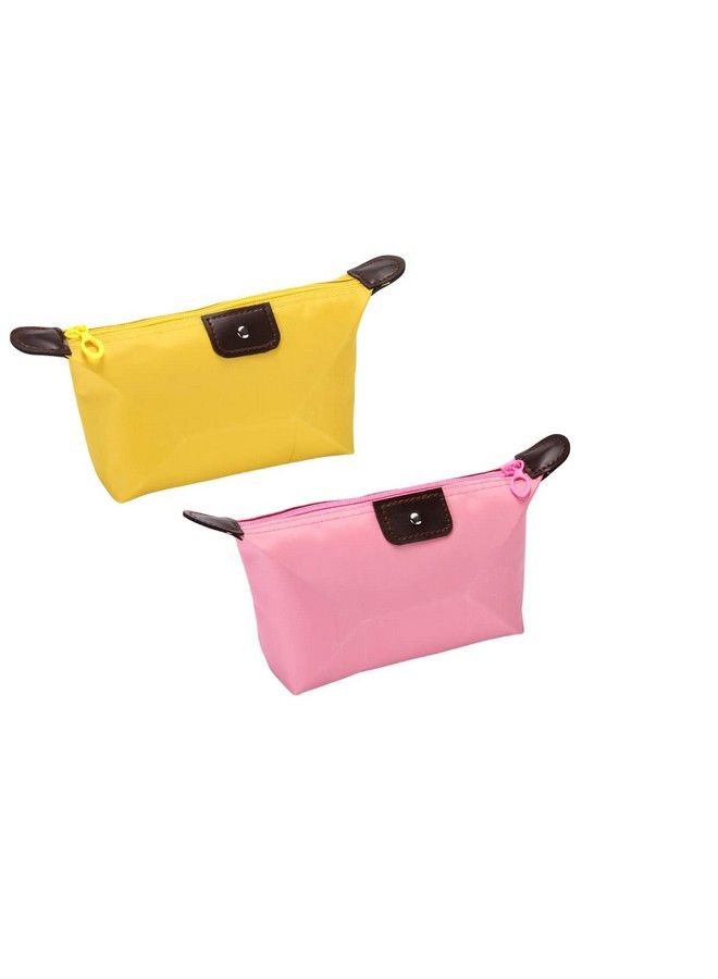 Syga 2 Pcs Women Cosmetic Makeup Mini Nylon Bag Pouch Organizer Storage Bag Pouch Holder (Yellow & Pink)  - Image 2