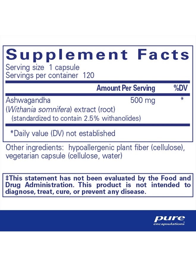 Pure Encapsulations Ashwagandha - 500 mg Ashwagandha Extract - Metabolism & Stress Support - Immune Support - GMO Free & Vegan - 120 Capsules - Image 2