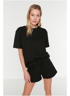 Black Waffle Fabric Cotton Knitted Pajama Set THMSS22PT0524