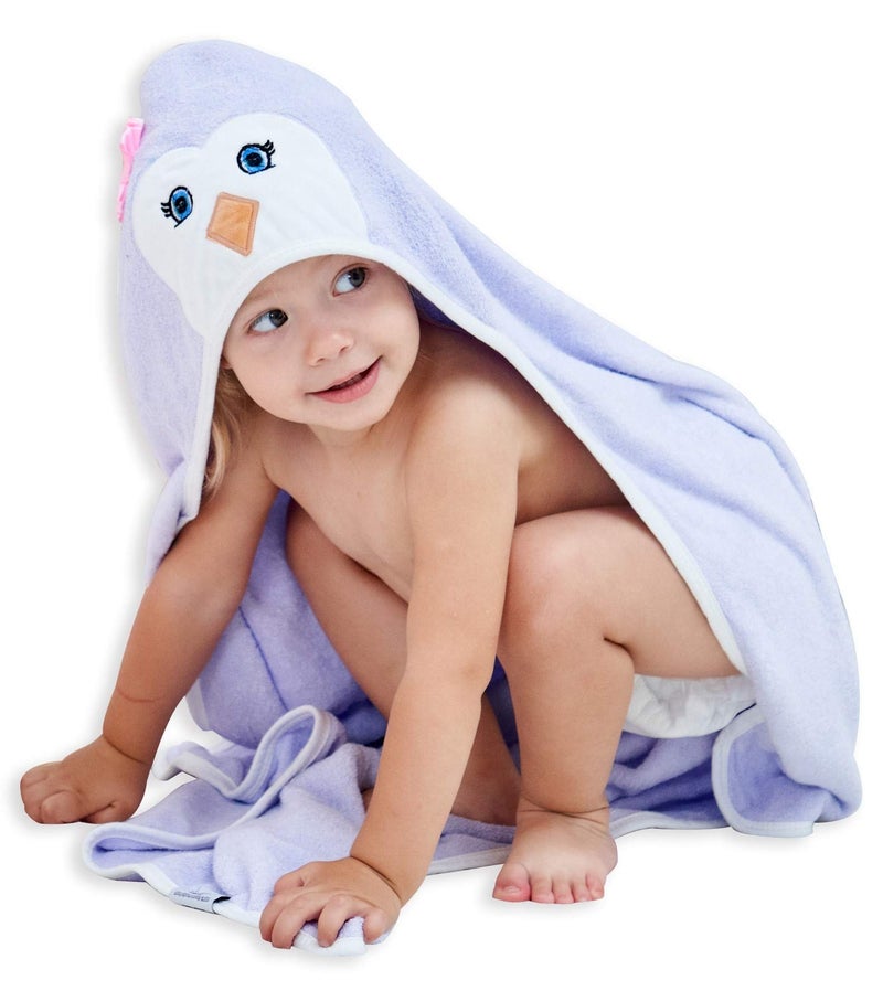 HIPHOP PANDA Hooded Towel - Rayon Made from Bamboo, Bath Towel with Bear Ears for Newborn, Babie, Toddler, Infant - Absorbent Large Baby Towel - Purple Penguin, 30 x 30 Inch - Image 1