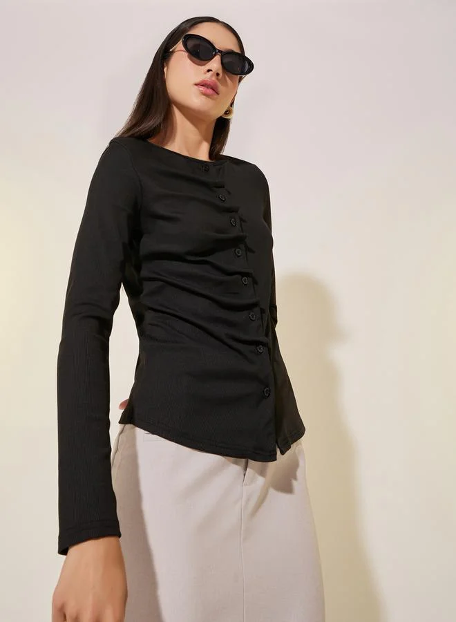 Take Two Ribbed Long Sleeve Buttoned Knit Top