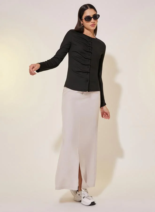 تايك تو بلوزة محبوكة بأزرار وأكمام طويلة مضلعة