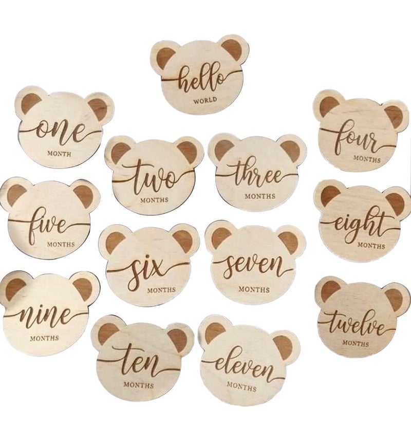 Haoser Teddy Bear Milestone Cards, Wooden Milestone Cards, Milestone, First Baby Milestones, Baby Shower Gift, Gender Neutral Gift, 13 Count - Image 1