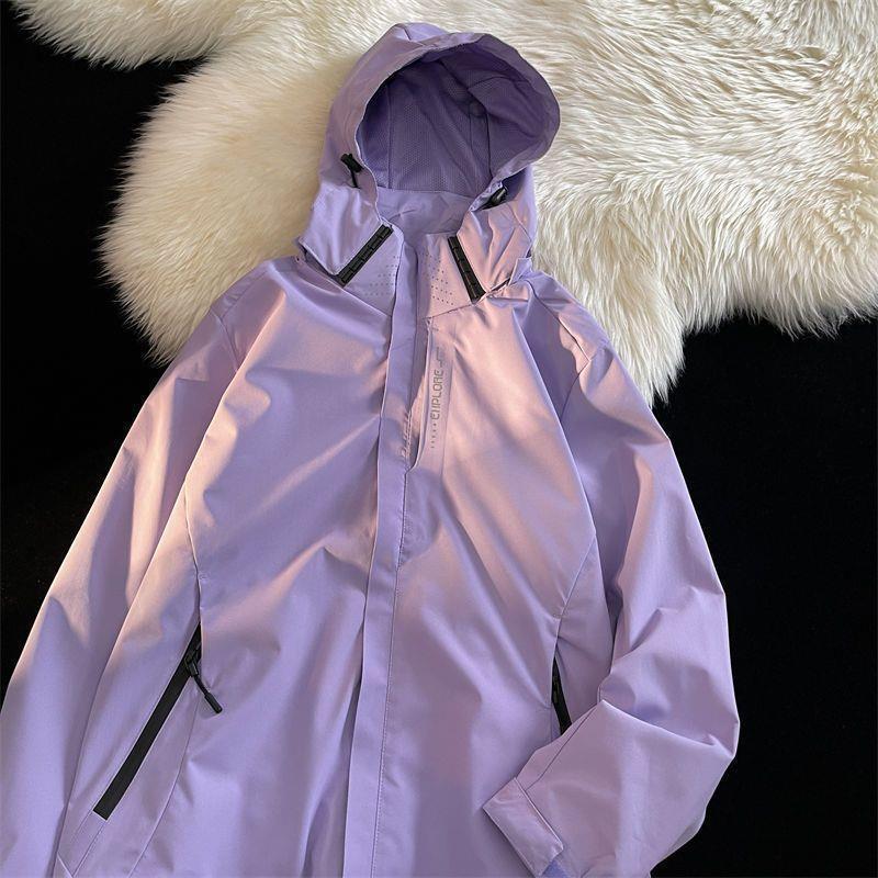 New American Style Waterproof Charge Clothes Mens Japanese Style Couples Functional Style Work Jacket with Vertical Collar Student Hooded Jacket C002 purple waterproof [high quality]] 