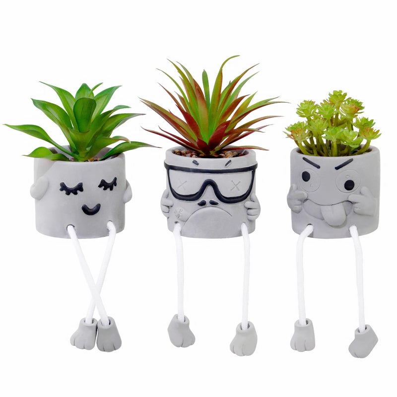 مجموعة LUZOGA من 3 نباتات عصارية صناعية في أص pots أص pots نباتات مزيفة لتزيين المكتب نباتات صغيرة في أص pots رمادية نباتات مزيفة لتزيين رف المطبخ مكتب ديكور صغير لتزيين الحمام