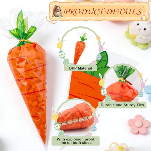 Lxzyu Easter Carrot Transparent Cone Cello Bags, Easter Treat Bags, Easter Goodie Bags, Cellophane Cone Shaped Candy Cookie Popcorn Snack Goody Bags with Twist Ties for Easter Party Favor Supplies, 50Pcs - Image 3