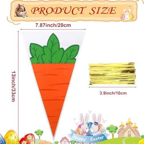 Lxzyu Easter Carrot Transparent Cone Cello Bags, Easter Treat Bags, Easter Goodie Bags, Cellophane Cone Shaped Candy Cookie Popcorn Snack Goody Bags with Twist Ties for Easter Party Favor Supplies, 50Pcs - Image 2