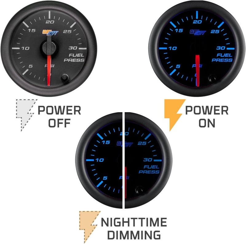 GLOWSHIFT Black 7 Color 30 PSI Fuel Pressure Gauge Kit - Includes Electronic Sensor - Black Dial - Clear Lens - for Diesel Trucks - 2-1/16" 52mm - Image 4