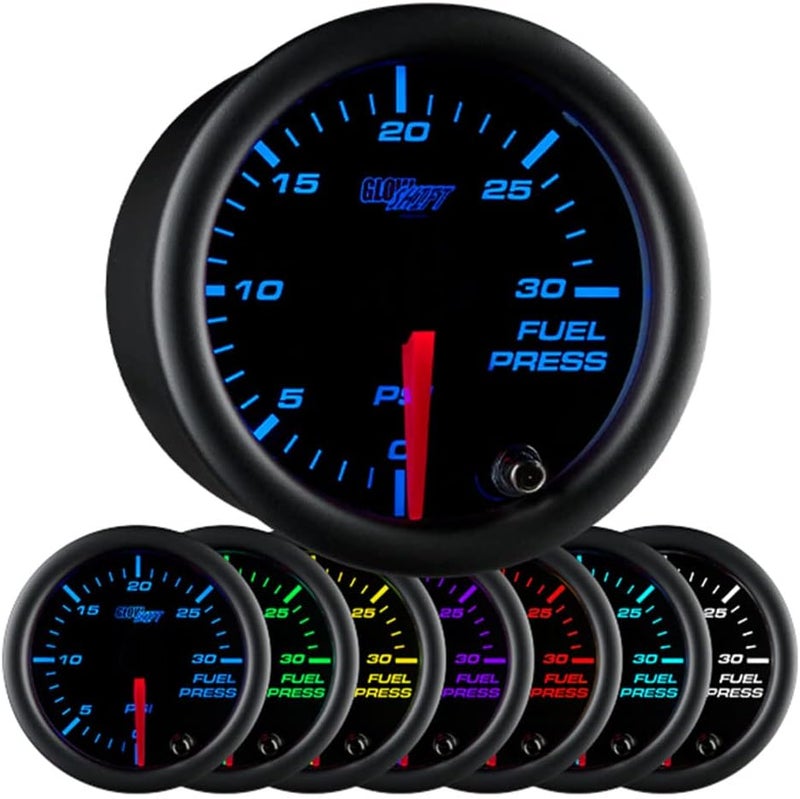 GLOWSHIFT Black 7 Color 30 PSI Fuel Pressure Gauge Kit - Includes Electronic Sensor - Black Dial - Clear Lens - for Diesel Trucks - 2-1/16" 52mm - Image 1