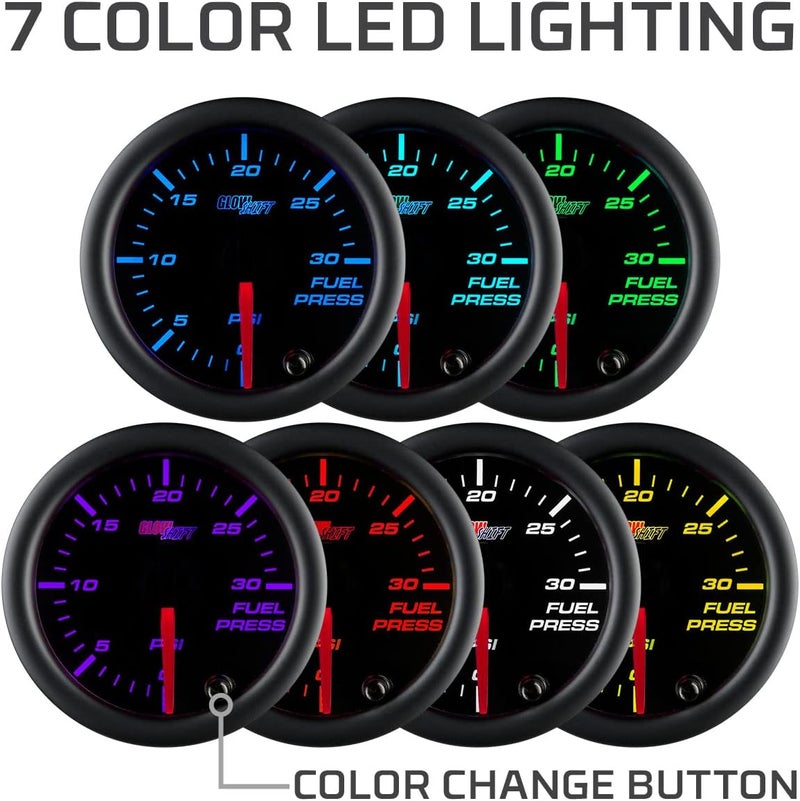 GLOWSHIFT Black 7 Color 30 PSI Fuel Pressure Gauge Kit - Includes Electronic Sensor - Black Dial - Clear Lens - for Diesel Trucks - 2-1/16" 52mm - Image 3