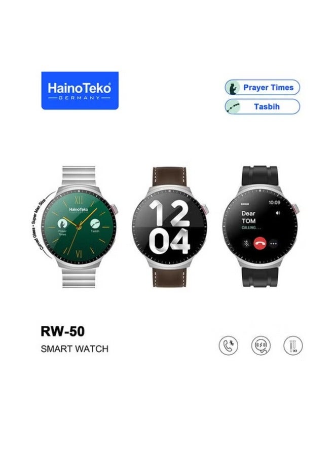 Haino Teko RW50 Super Max Size Round Shape Curved AMOLED Display Smart Watch for Gents & Boys – 3 Pair Straps, Stylish Silver Design, Fitness & Health Tracking, Smart Connectivity - Image 1