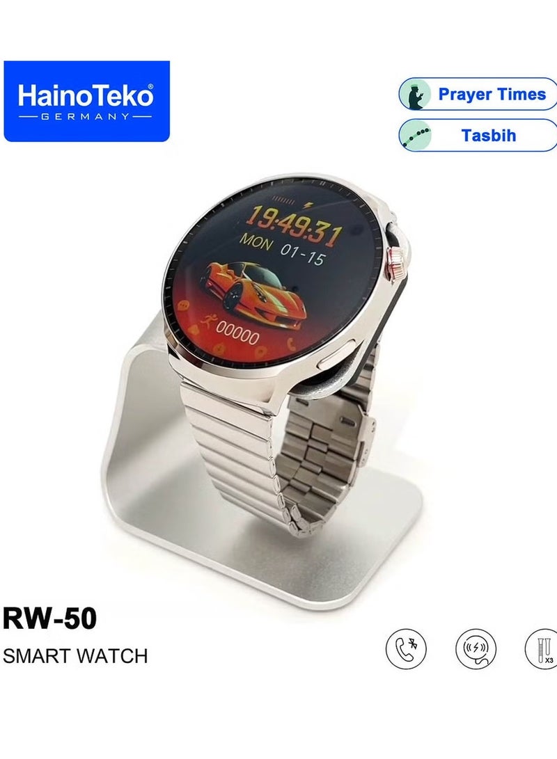 Haino Teko RW50 Super Max Size Round Shape Curved AMOLED Display Smart Watch for Gents & Boys – 3 Pair Straps, Stylish Silver Design, Fitness & Health Tracking, Smart Connectivity - Image 3