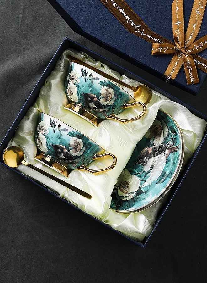 Coffee Cups, Ceramic Blue and White Tea Cups Saucers, Handpainted Floral Large Mugs - Image 1