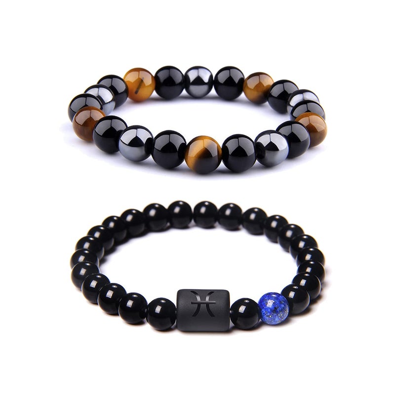 CSIYANJRY99 Zodiac Pisces Bracelets for Men Women,Pisces Zodiac Sign,8mm Natural Black Onyx Stone Hematite Obsidian Tiger Eye Beads Bracelet Set 12 Constellation Horoscope Bracelet - Image 1