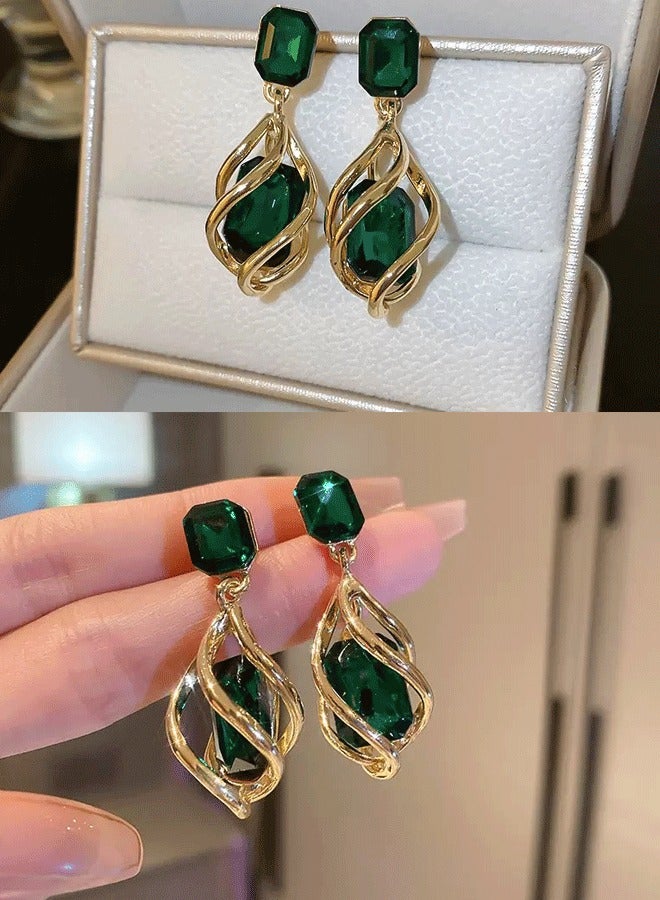 Women's Gold Plated Ethnic Long Earrings, Emerald Green Gemstone Statement Earrings for Ladies, Vintage Style Earrings for Wedding & Daily Wear - Image 1